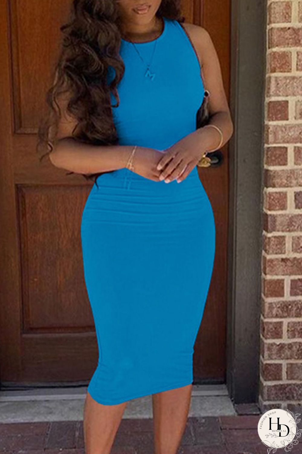 Cyan Casual Solid Split Joint O Neck Pencil Skirt Dresses