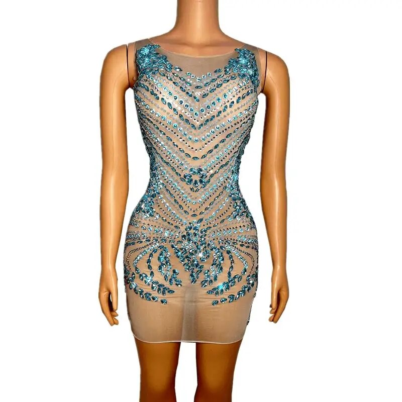 Silver Rhinestones Mesh Stretch Skinny Sleeveless Short Dress Women Party Birthday Prom See Through Stage Performance Costume