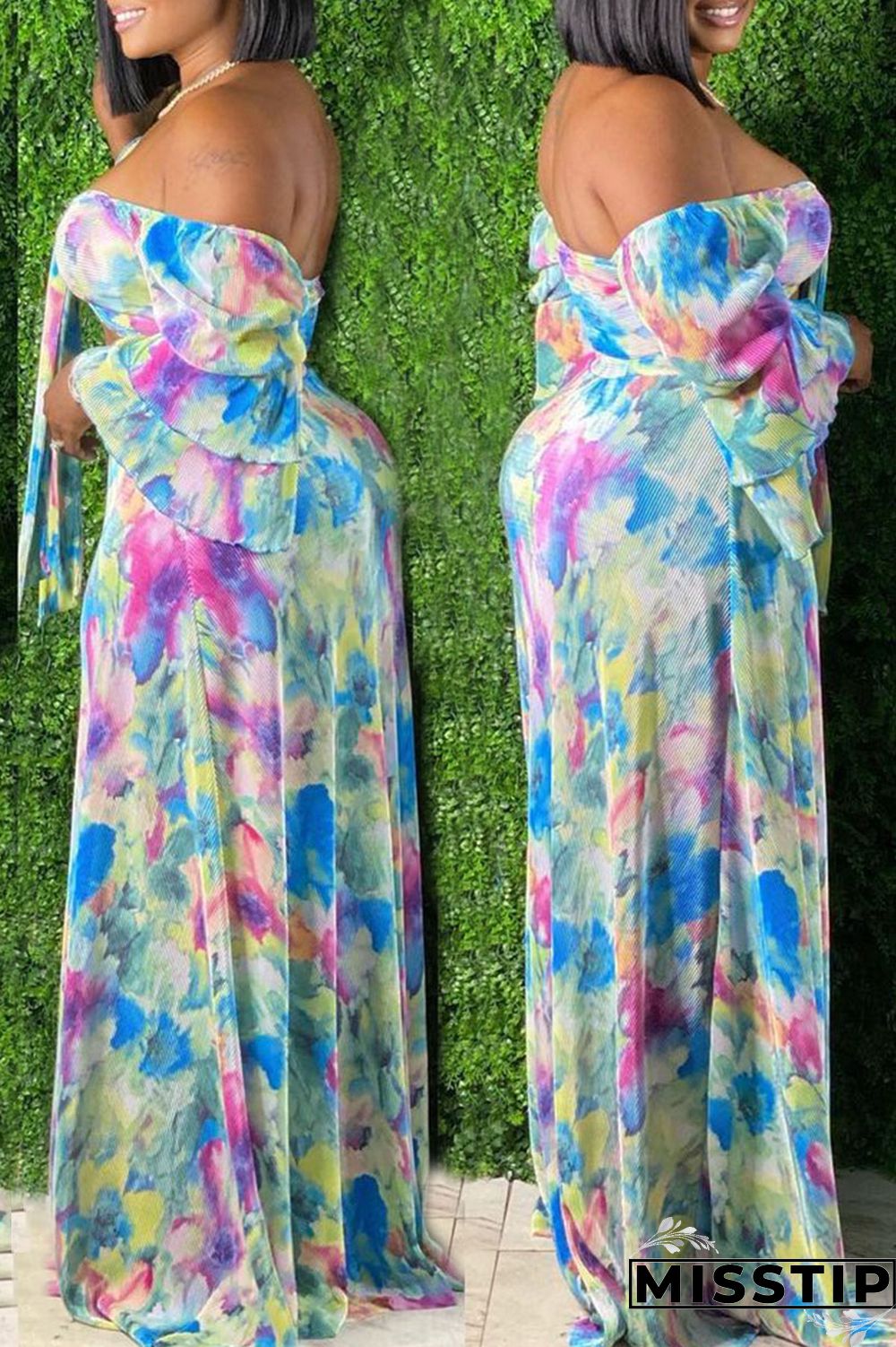Blue Pink Sweet Print Patchwork Off the Shoulder Straight Plus Size Two Pieces