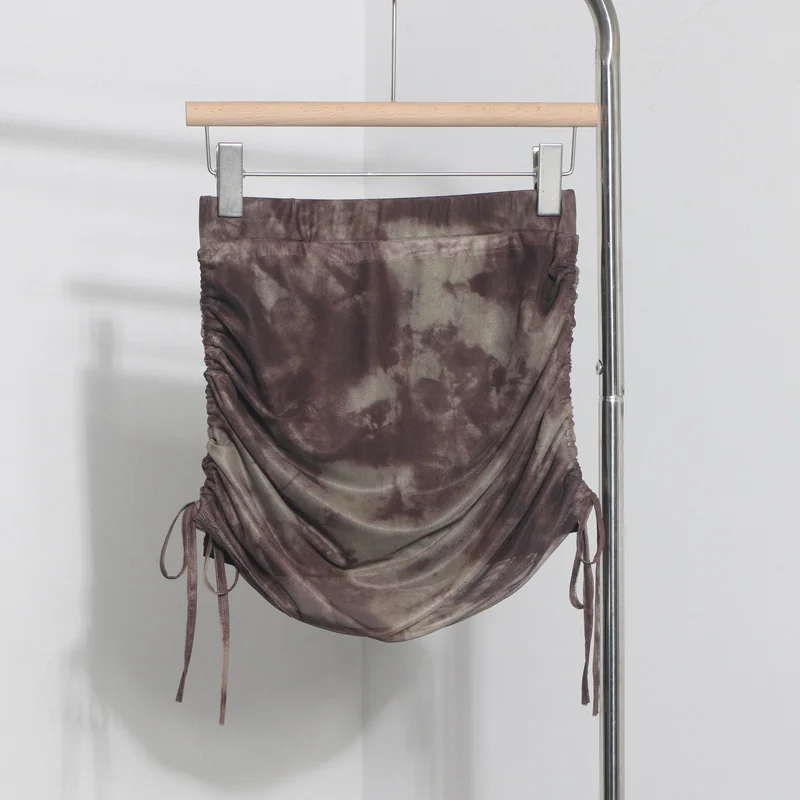 Uveng Solid Shot Tie-Dye Printing Net Yarn Rope With Folded Bag Hips Babes Short Skirt Anti-Light Repair Body Skirt 9919