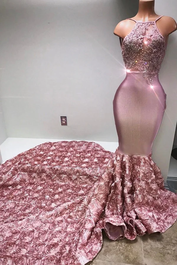 Bellasprom Pink Halter Lace Prom Dress WIth Flowers Bottom Mermaid
