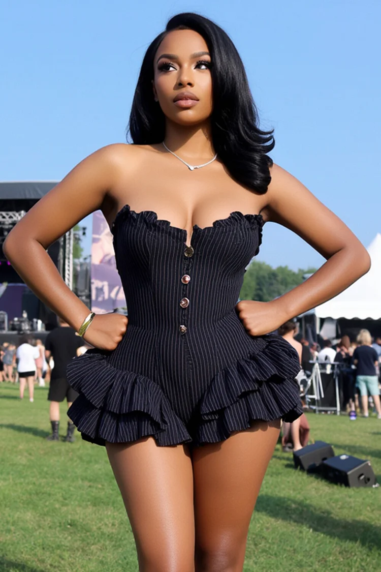 Pinstripe Strapless Ruffle Trim Party Romper Playsuit-Black [Pre Order]