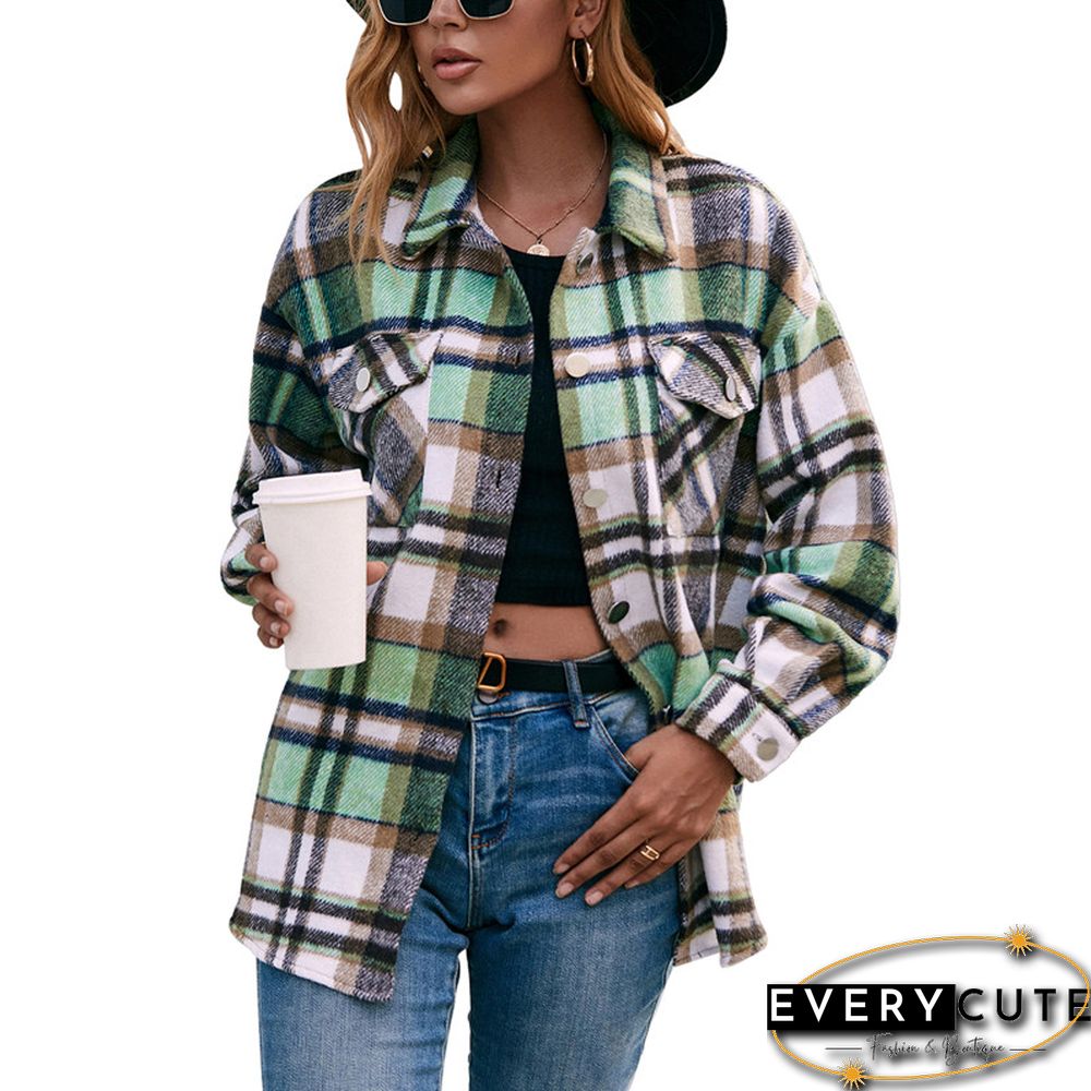 Women Plaid Printed Pattern Coat Long Sleeve Button-down Collared Jacket With Pockets Ladies Tops Autumn Winter Clothes