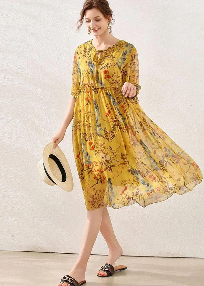 Beautiful Yellow Print Hooded Patchwork Summer Chiffon Summer Dresses