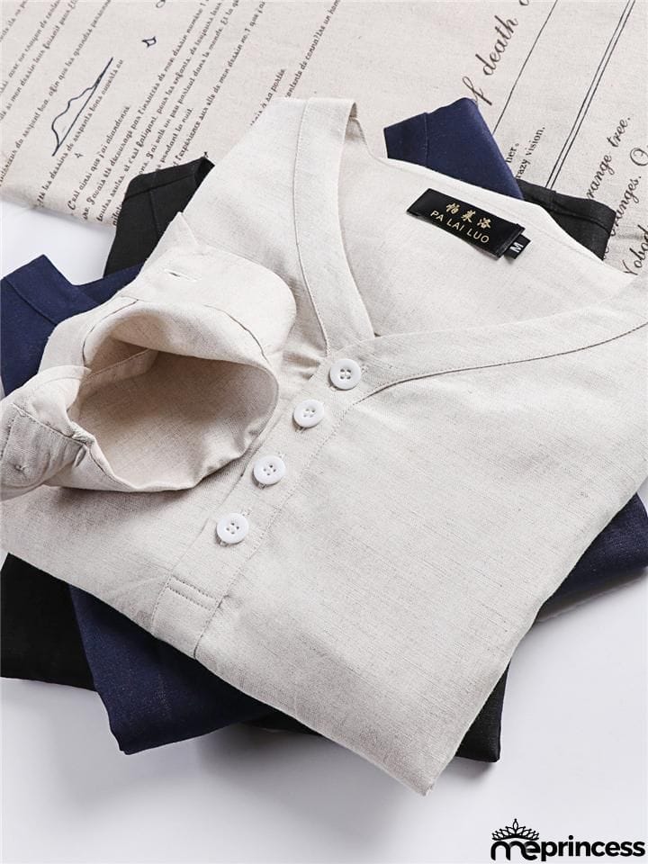 Mens Loose Comfy Linen Solid Color Long Sleeve T-Shirts