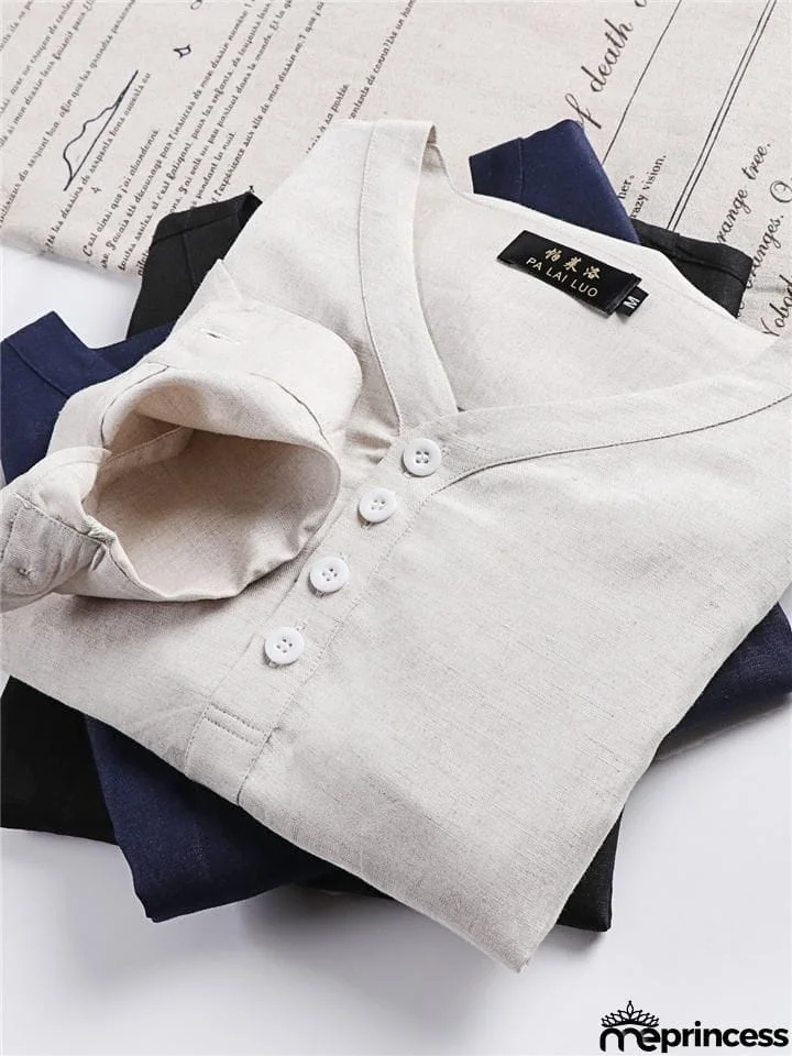 Mens Loose Comfy Linen Solid Color Long Sleeve T-Shirts