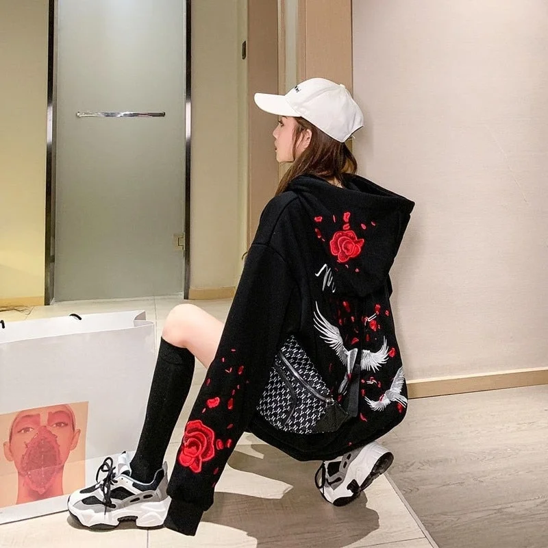 Sonicelife Deeptown Korean Style Print Hoodie Women Harajuku Fashion Oversize Long Sleeve Hooded Autumn Winter Sweatshirts Female Pullover
