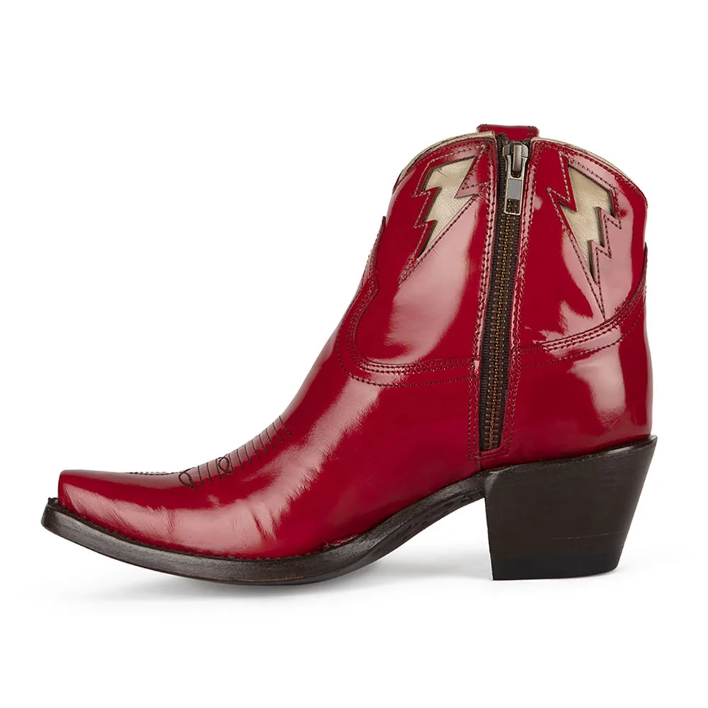 Red Snip Toe Lightning Inlay Chunky Heel Cowboy Boots for Women