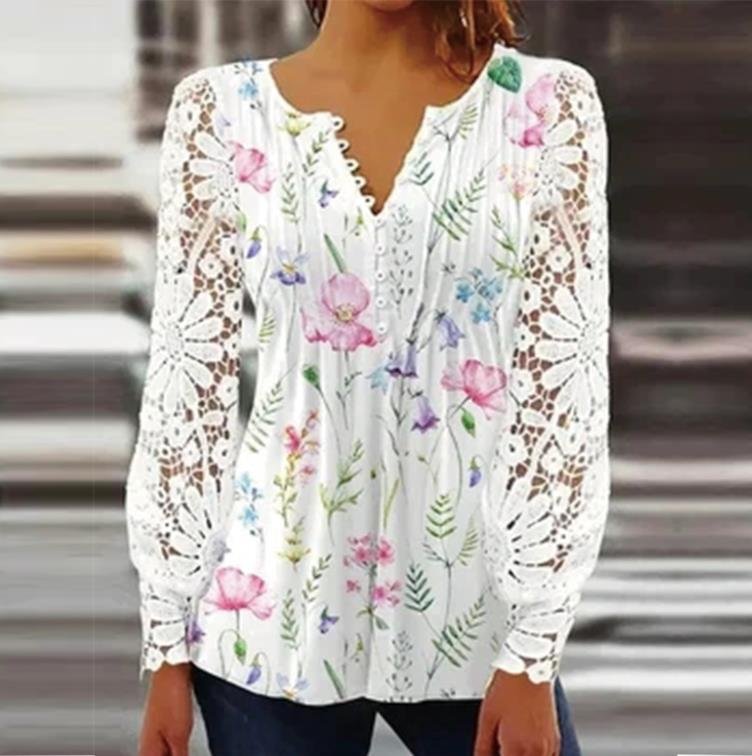 Faramita Flower Printing Lace Sleeve Bottom Shirt