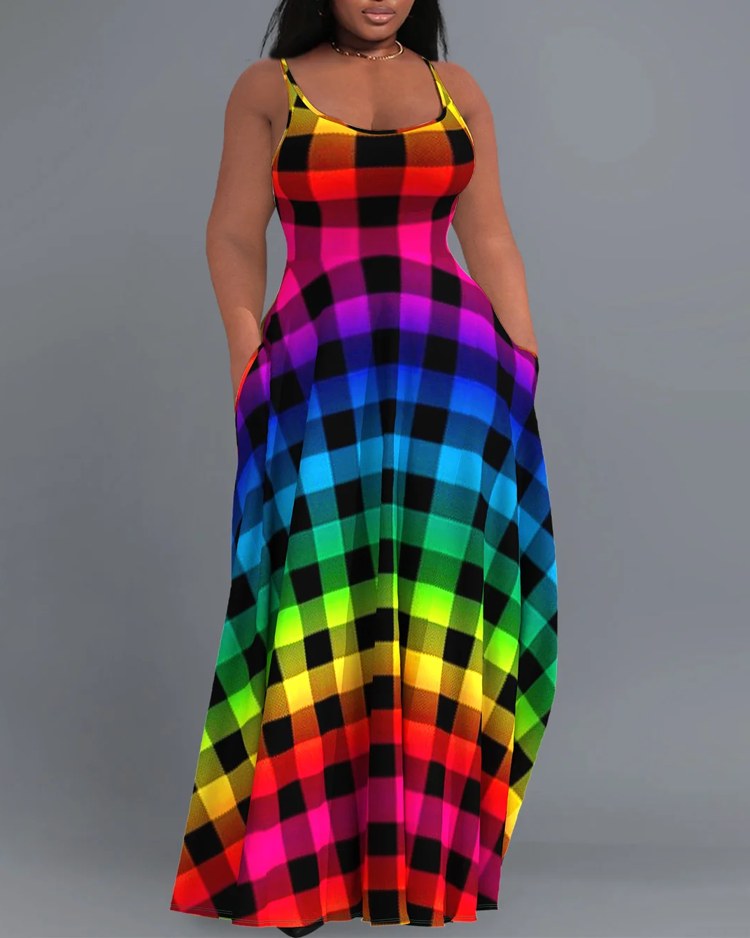 Casual Sundress Rainbow Gradient Plaid Pockets Cami Maxi Dress