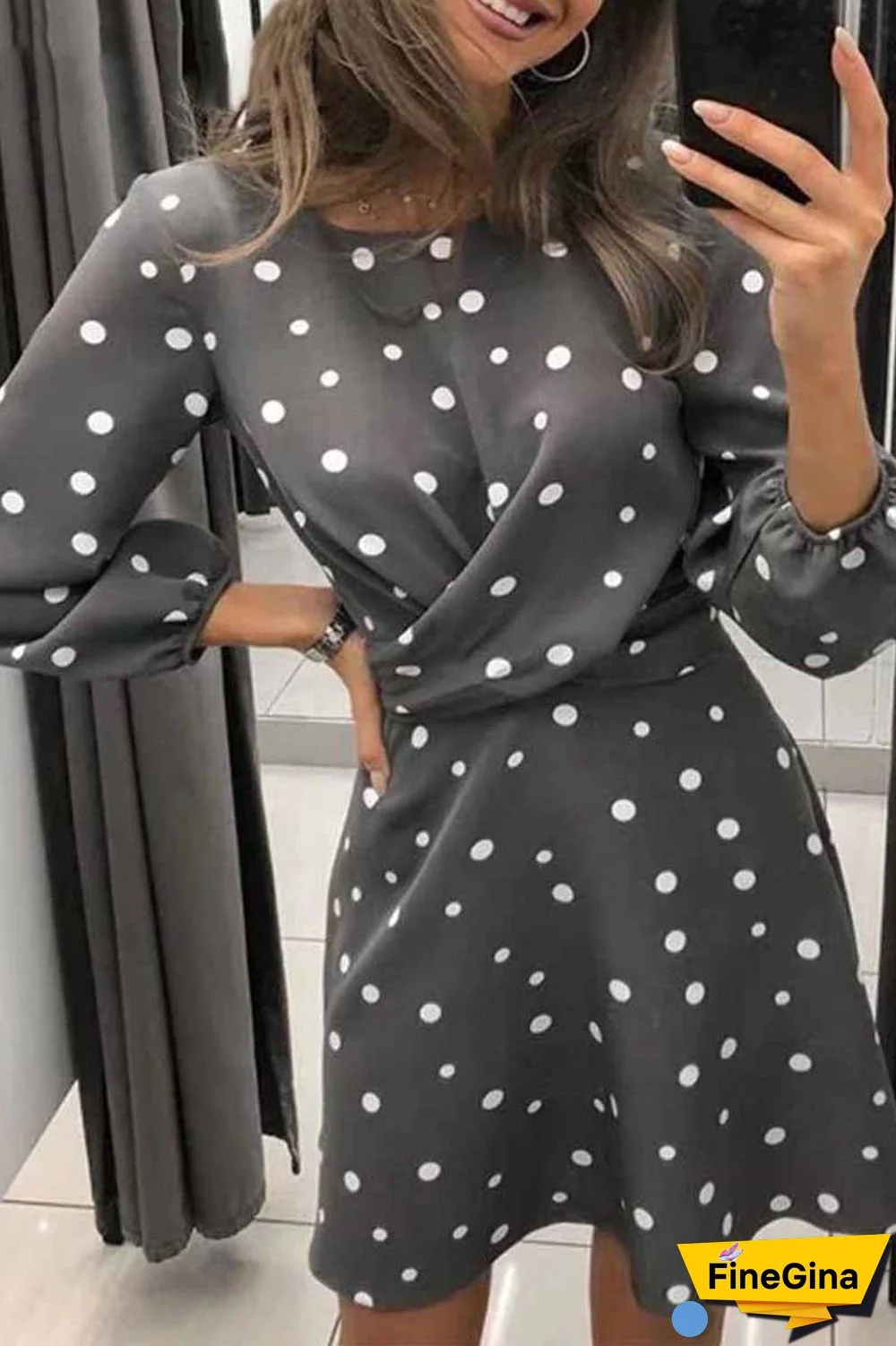 Loose Round Neck Long Sleeve Polka Dot Mini Dress