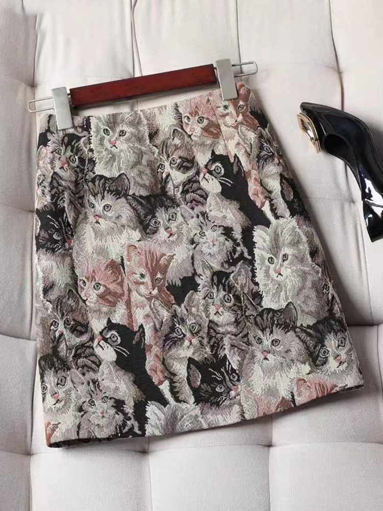 New Cats Jacquard Patchwork Zippered Cotton Skirt Spring