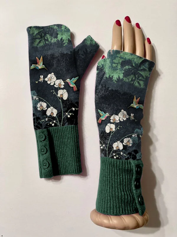 Retro floral birds casual print knit fingerless gloves