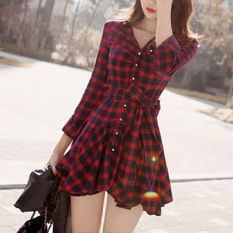 Women Elegant Shirt Style Plaid Mini Dress Long Sleeve Casual Streetwear A-Line Dress 2019 New Plus Size