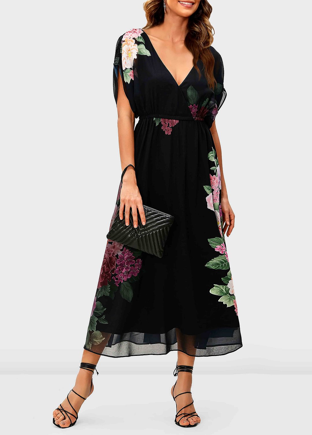 Floral Print Pocket Black V Neck Dress