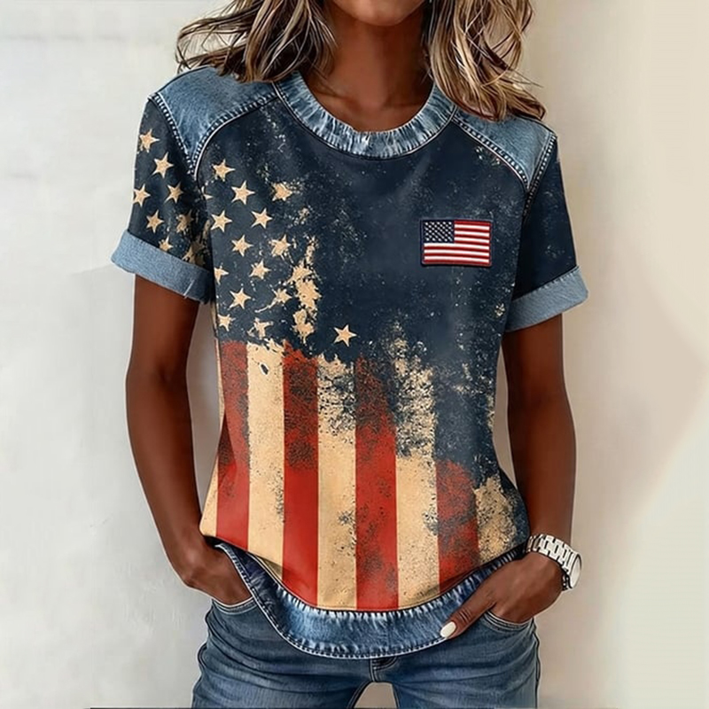  Women's Vintage Flag Pattern Crew Neck Casual T Shirt Westsshops