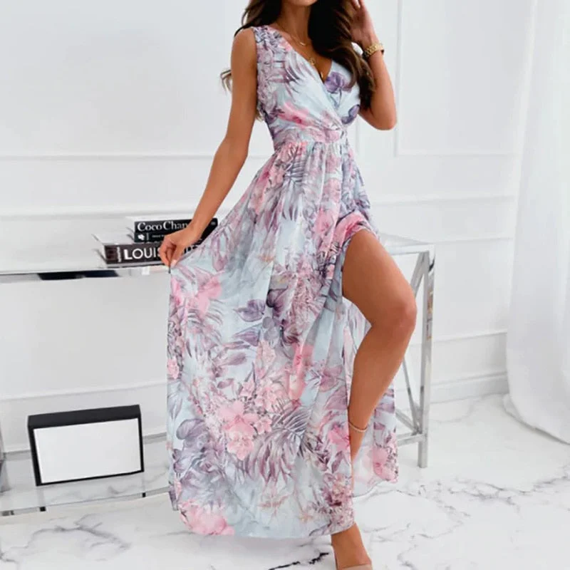 Elegant Long Dresses For Women Party Female Sexy V Neck Retro Print Maxi Dress Spring Summer Sleeveless Streetwear Loose Dresses