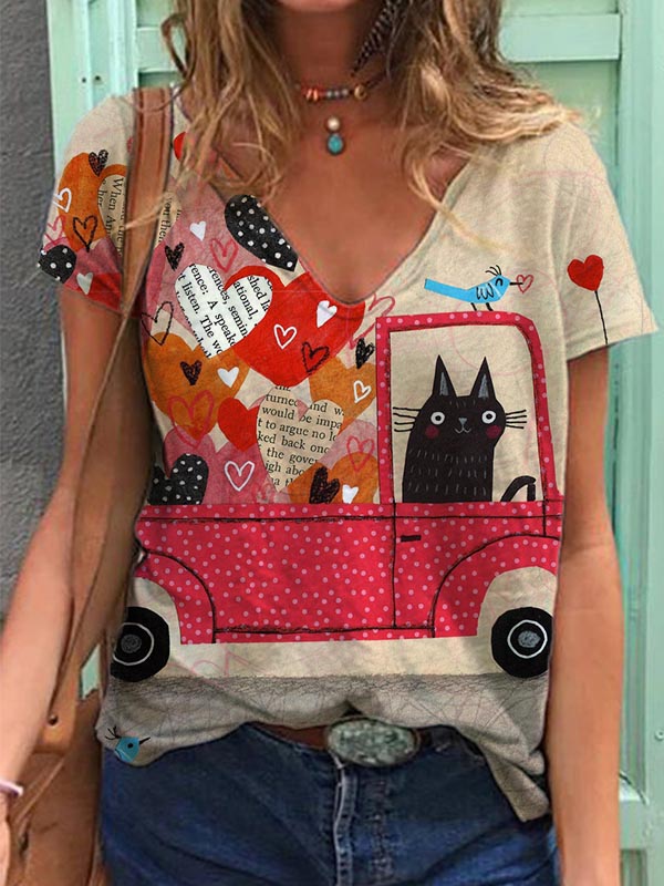 wearshes Car Full Of Love Cat Series Printed V-Neck Tee