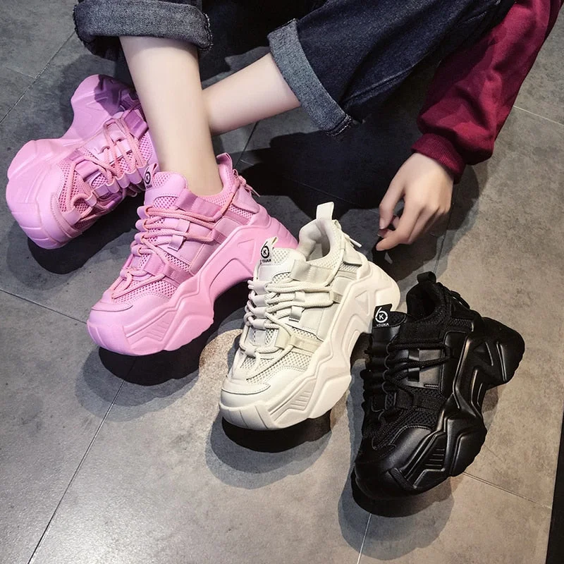 Platform Sneakers Women 2021 New Fashion Height Increasing Chunky Shoes Solid Pink Black Girls Casual Sneakers Trainers