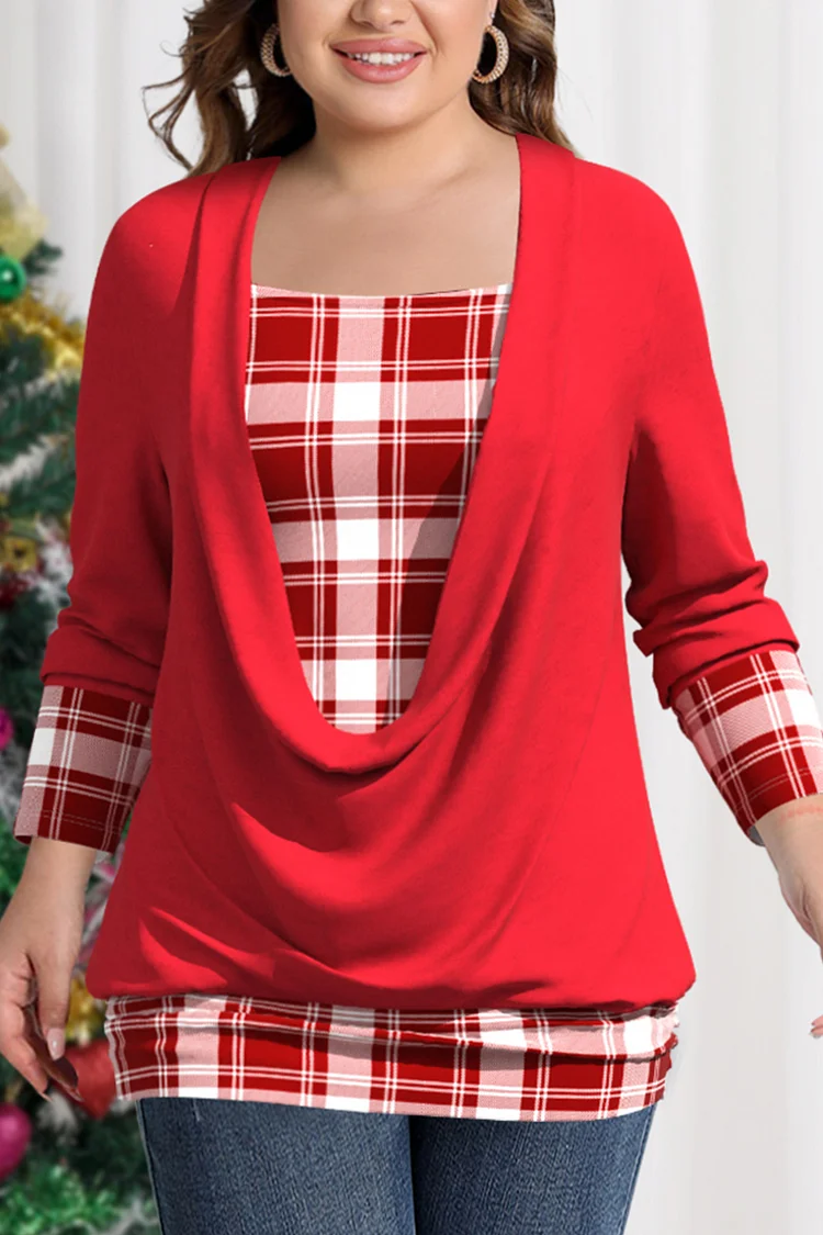 Flycurvy Plus Size Casual Red Plaid Print Stitching Cowl Neekline Long Sleeve Blouse  Flycurvy [product_label]