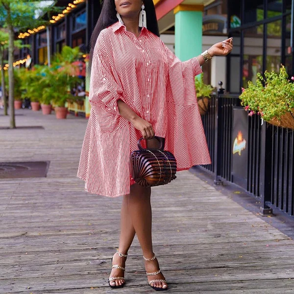 Women Fashion Pleated Ruffled Hem Baggy Irregular Hem Vestido S-5XL Batwing Sleeve Lapel Collar Striped Dresses