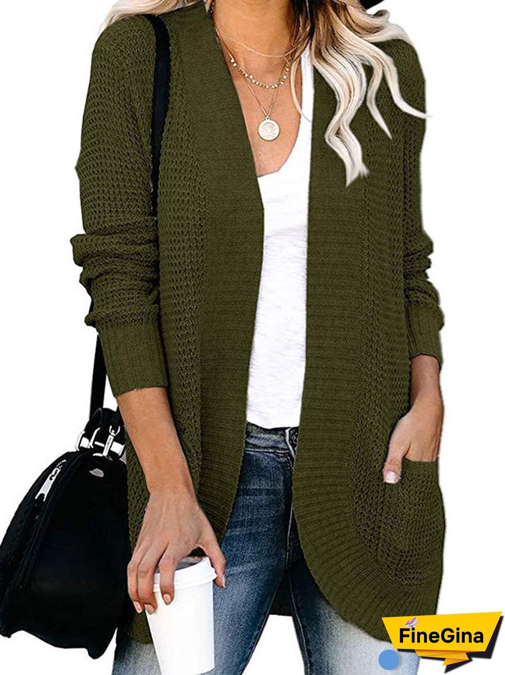 Women's Waffle Solid Color Stitching V-neck Long Sleeve Coat