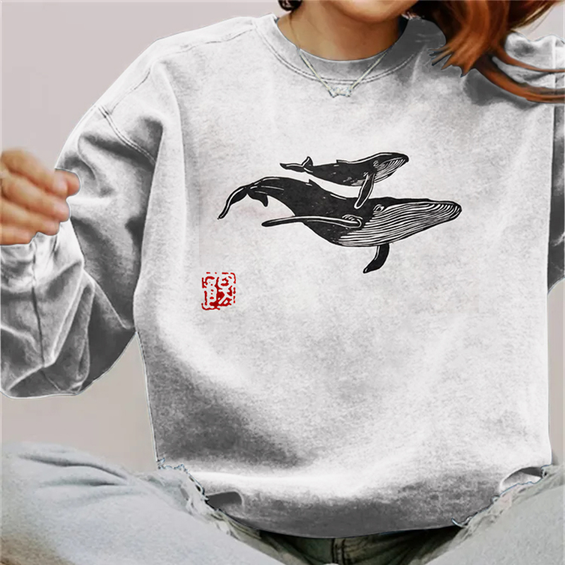 Comstylish Women's Japanese Whale Print Crew Neck Casual Sweatshirt