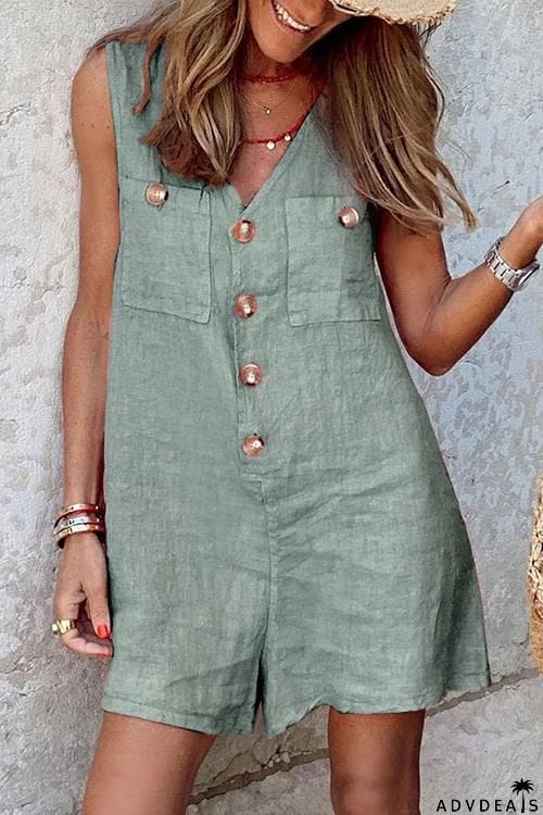 Button V Neck Pockets Romper