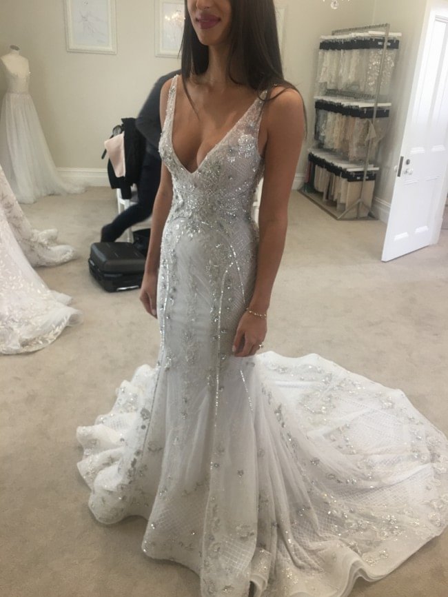 Gorgeous Strapless Long Mermaid V-neck Wedding Dress With Sequins | Ballbellas Ballbellas