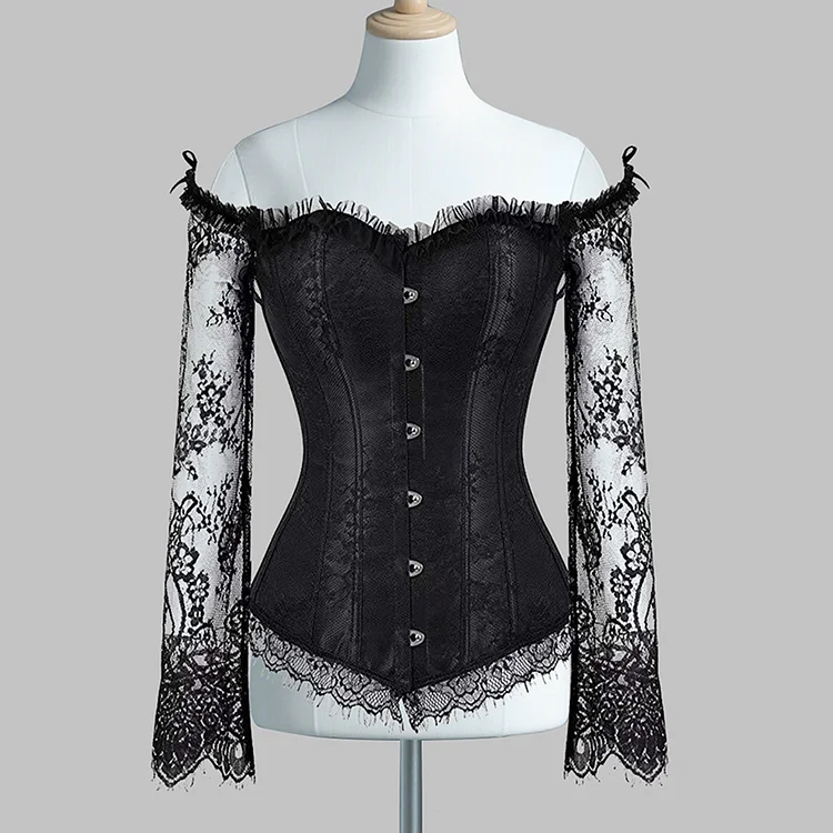 Vintage Off Shoulder See-Through Long Sleeve Corset Lace Blouse