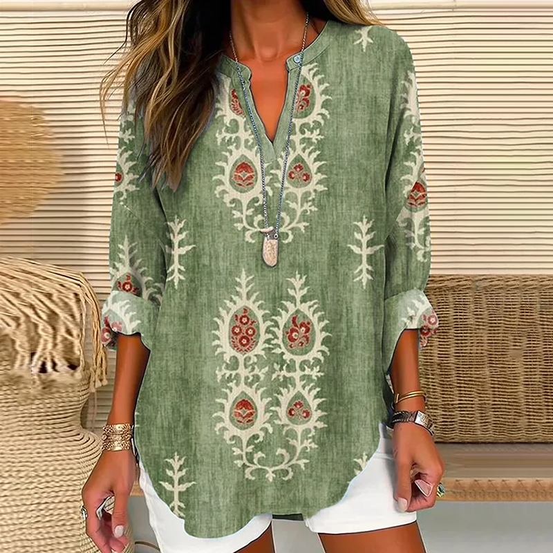 Comstylish Vintage Floral Print Casual Linen Blend Blouse