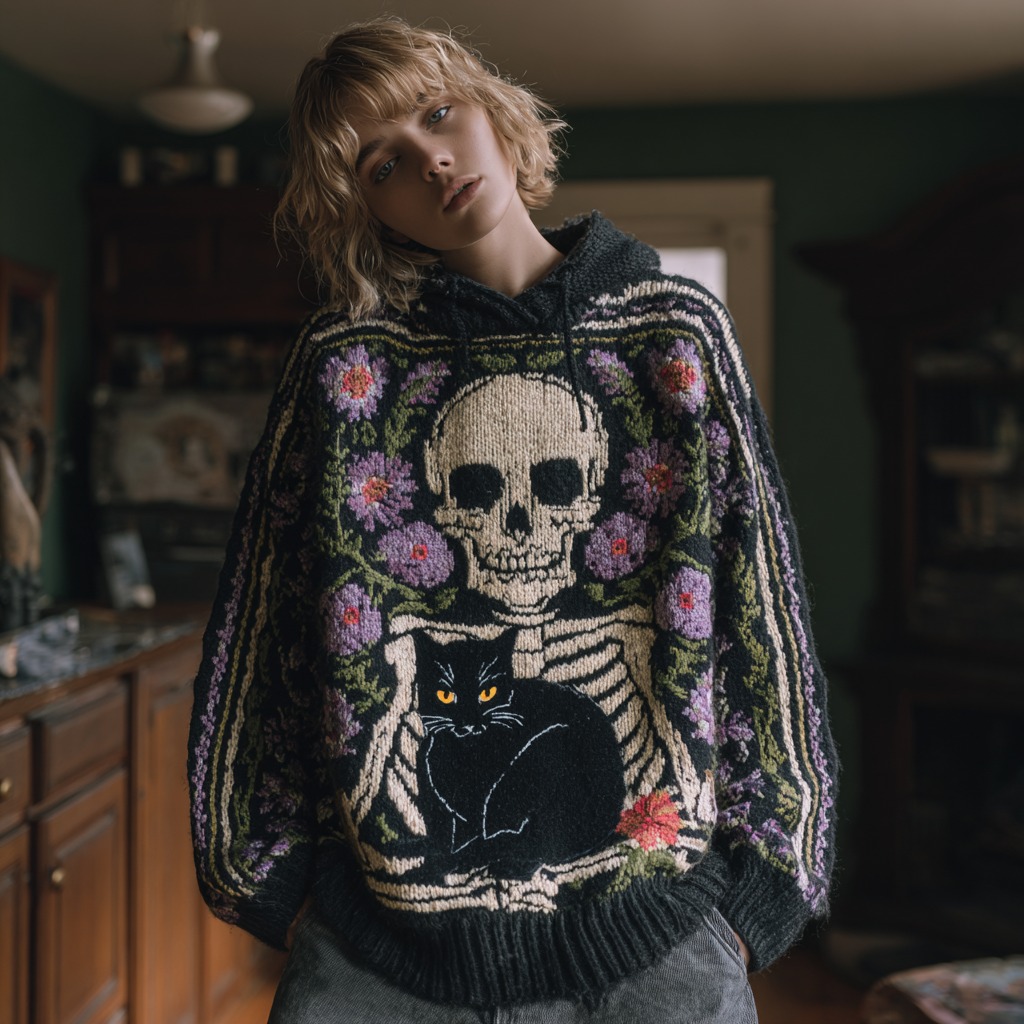 Women's Skull And Black Cat Knitted Jacquard Hooded Sweater