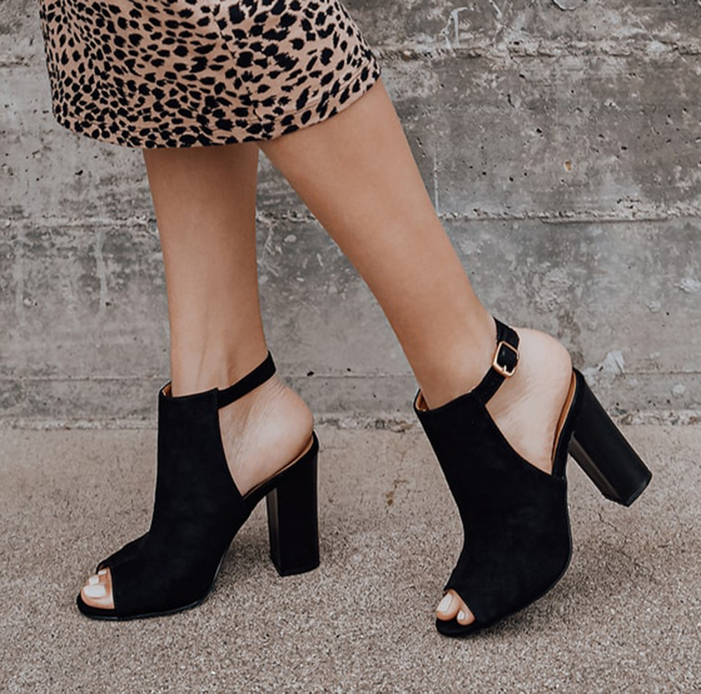 Black Peep Toe Chunky Heel Slingback Sandals Nicepairs