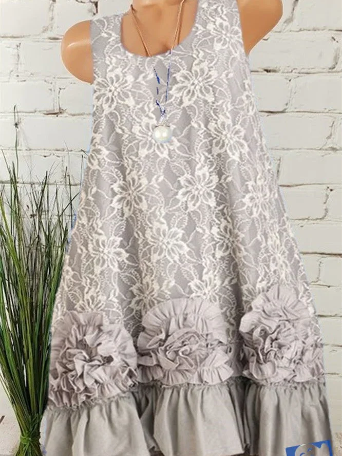 Women Sleeveless Scoop Neck Floral Printed Stitching Mini Dress