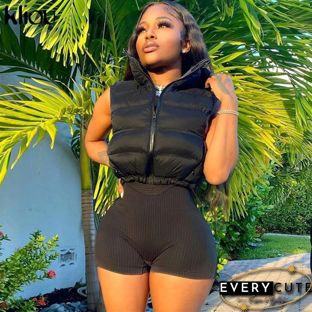 Kliou Solid Mercerized Cotton Tank Tops For Women Hipster Zipper Drawstring Sleeveless Vest Casual Streetwear Female Clothing