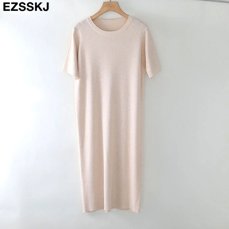 short sleeve straight spring autumn straight maxi sweater dress women o-neck long knit  dress elegant female loose knit dress