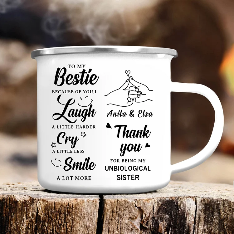 To My Bestie Photo Mugs Customized 2 Names Enamel Cup - Thank You For Being My Unbiological Sister