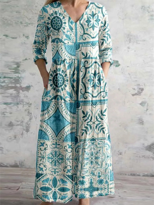 Women's 3/4 Sleeve V-neck Graphic Printed Midi Dress