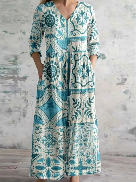 Women's 3/4 Sleeve V-neck Graphic Printed Midi Dress