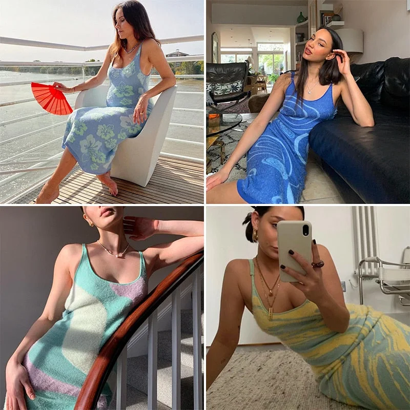 2022 Print Knit Bodycon Dress Women Green Summer Hollow Out Sexy Sleeveless Spaghetti Strap Beach Midi Dresses Party