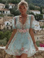 Women's Vintage Bohemian Floral Embroidered Casual Short Dress