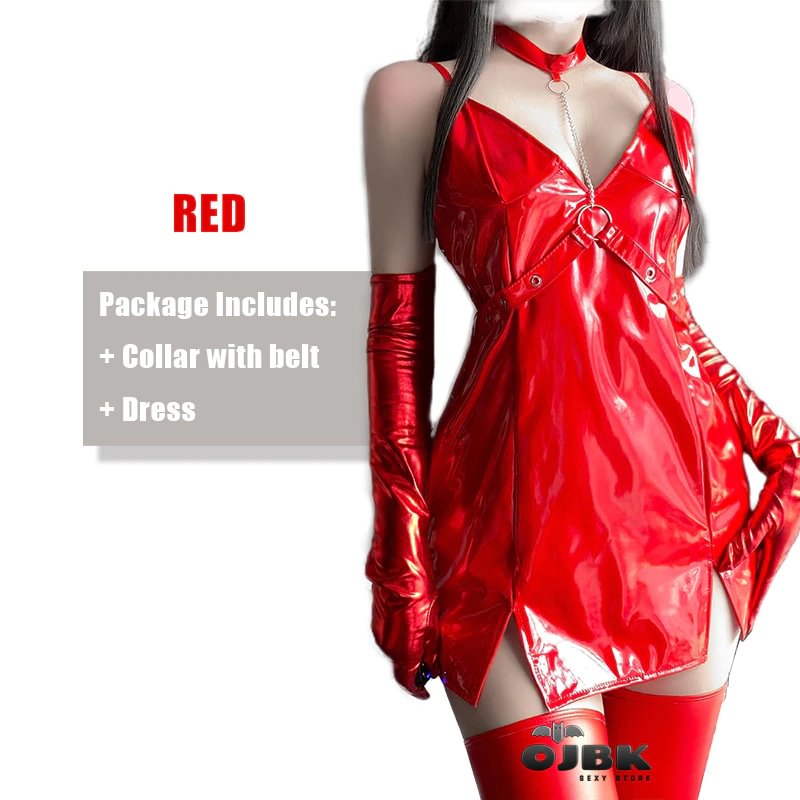 Billionm OJBK Women's Pu Leather Sleeveless Bodycon With One Piece Collar Chain And Belt Sexy Queen Cosplay Bandage Dress Punk Style 2021
