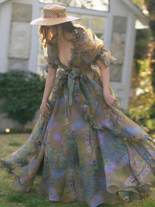 V-Neck Short Sleeve Printed Chiffon Vacation Maxi Dress