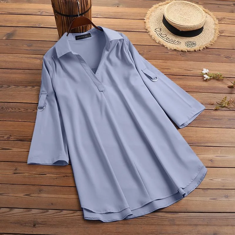 Autumn Irregular Hem Tunic Tops Office Work Chemise ZANZEA Elegant Solid Blouse Women Casual 3/4 Sleeve Lapel Shirt Femme Blusas