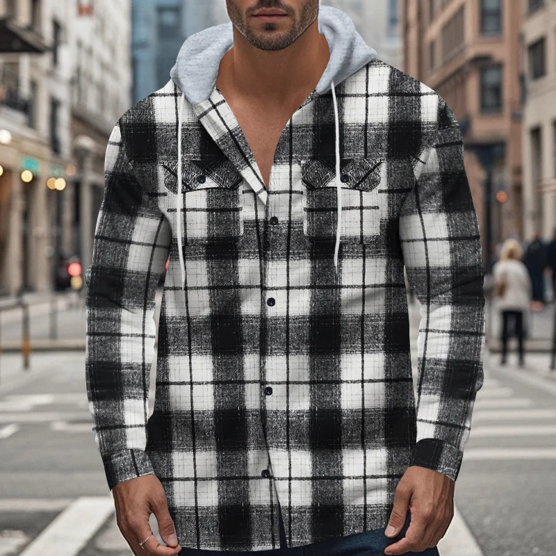 Men's Flannel Jacquard Plaid Shirt Casual Fall Outwear Shirt with Hoode