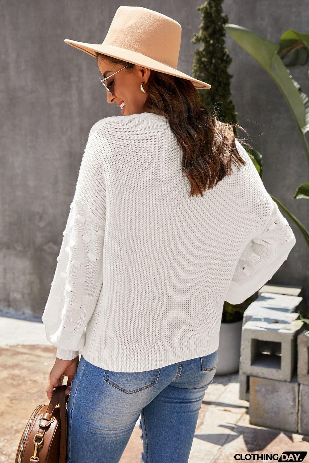 Winter White Bubble Sleeve Cropped Knit Sweater