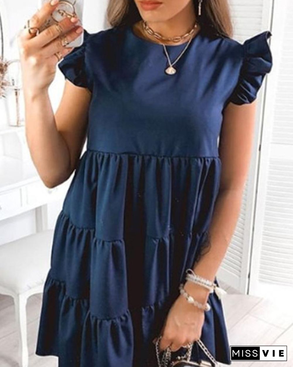 Solid Short Sleeve Ruffles A-line Cake Dress P15274