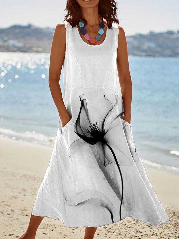 Womens Ink Flower Print Pocket Pinafore Linen Dress