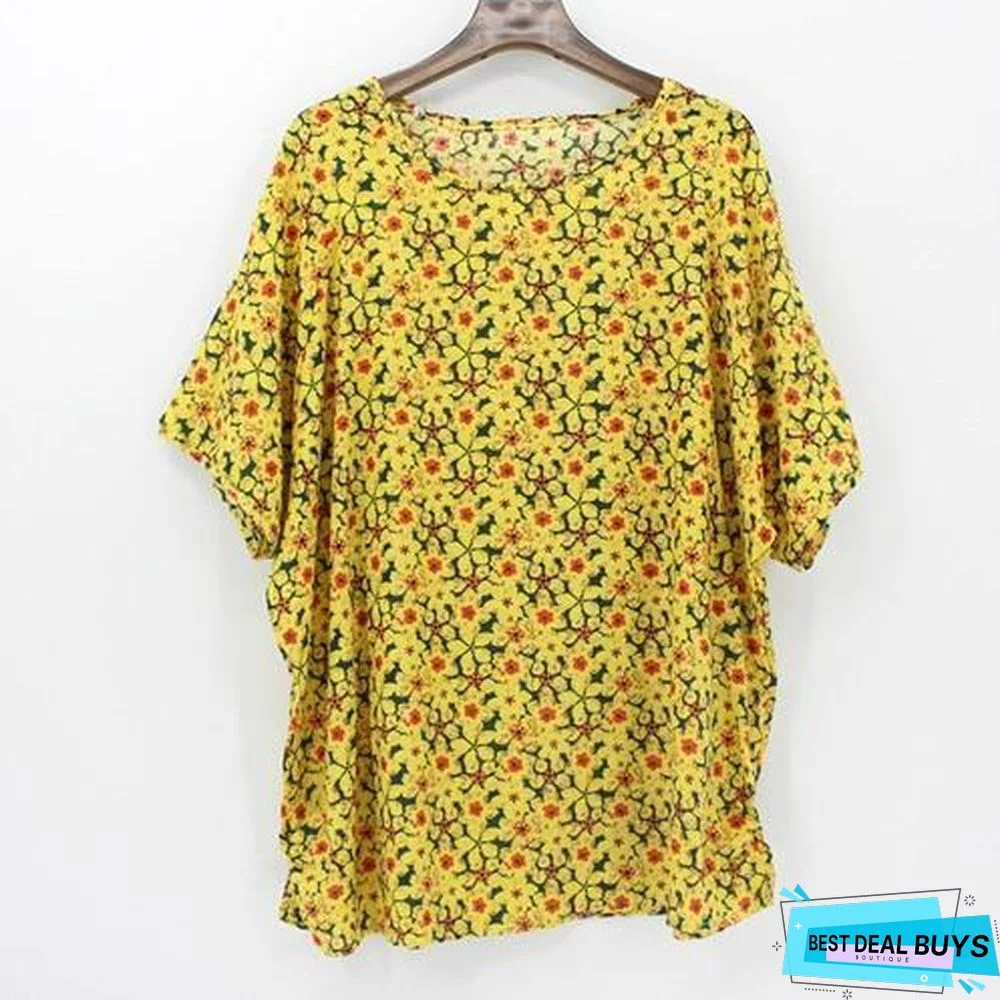 Plus Size Women Batwing Casual Tops Tees Floral Print Cotton Linen Blouses