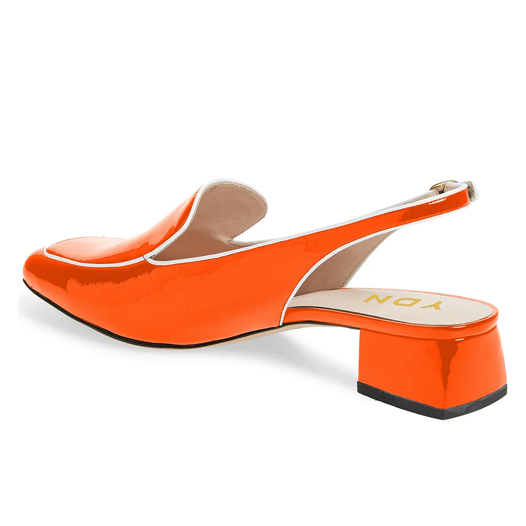 Women's Shiny Orange Patent Leather Slingback Loafers with Block Heels